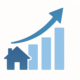 Blue vector illustration of a house with an upward-trending bar graph and arrow on a white background, symbolizing rising mortgage rates and housing market growth.