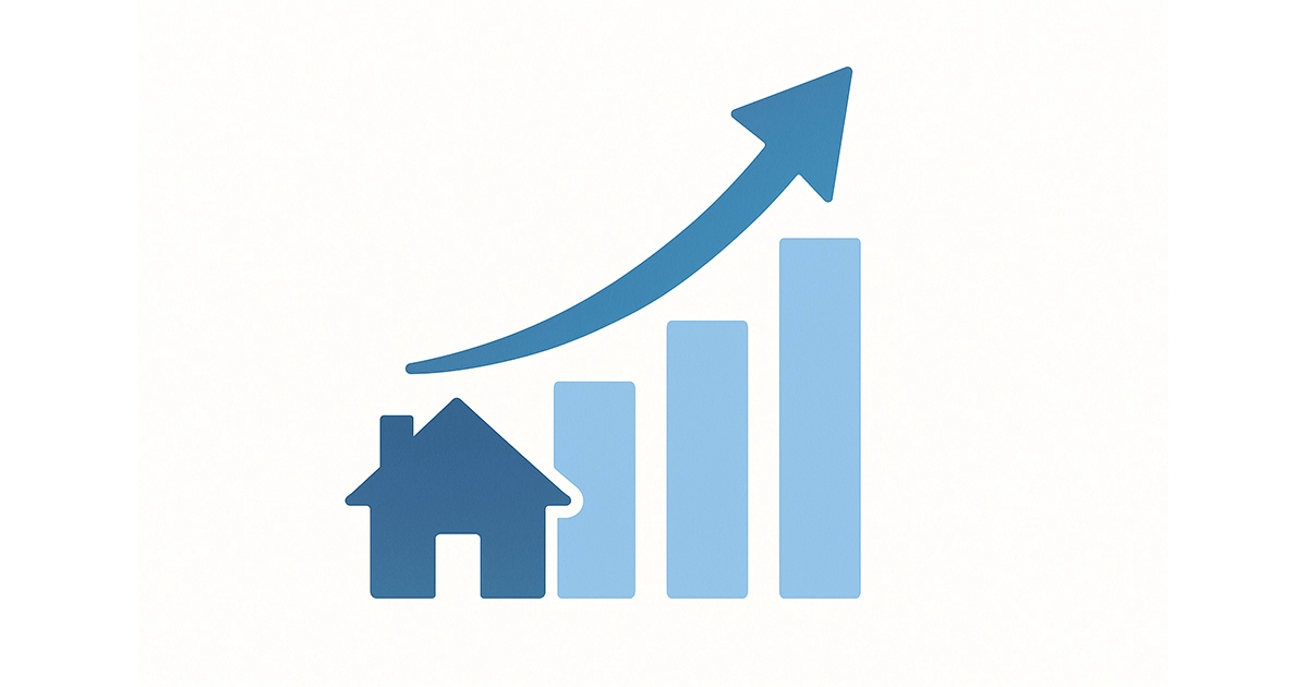 Blue vector illustration of a house with an upward-trending bar graph and arrow on a white background, symbolizing rising mortgage rates and housing market growth.