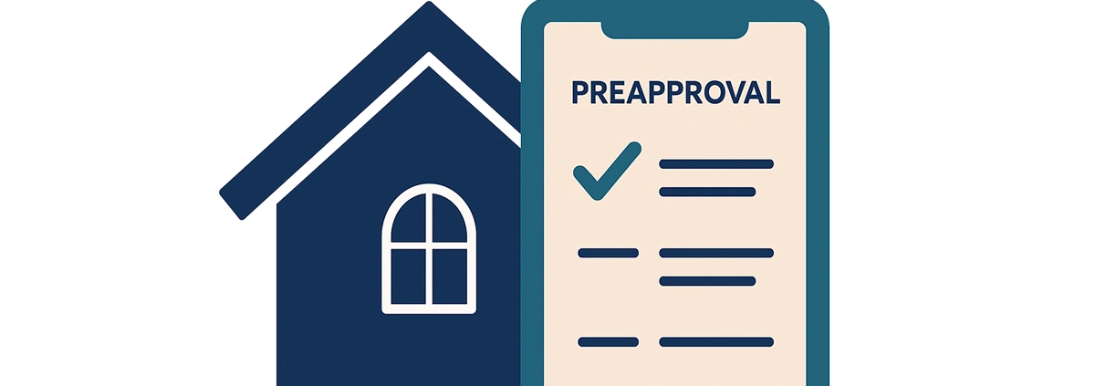 “Preapproval,” featuring a green checkmark and horizontal lines representing text, all on a white background.
