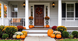 Front porch of a Western North Carolina home decorated for fall with pumpkins, mums, and an autumn wreath, showcasing seasonal curb appeal and homeownership pride in the Blue Ridge Mountains.