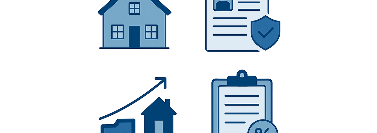 Flat-style vector illustration with four blue icons on a white background: a house, a document with a user profile and shield, an upward arrow with houses, and a clipboard with a percentage symbol, representing key steps in mortgage pre-qualification.
