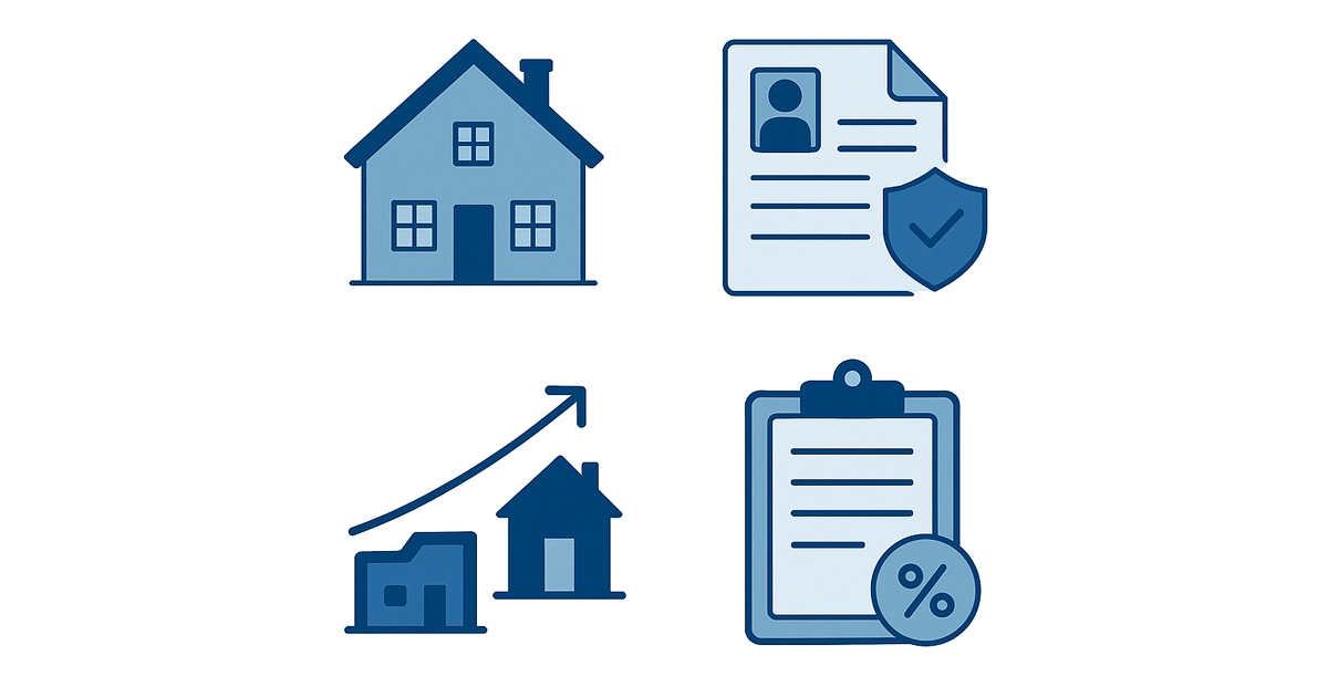 Flat-style vector illustration with four blue icons on a white background: a house, a document with a user profile and shield, an upward arrow with houses, and a clipboard with a percentage symbol, representing key steps in mortgage pre-qualification.
